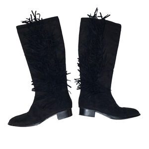 Women's Hooked Black Suede look Fringe Heeled Boots Size 7.5